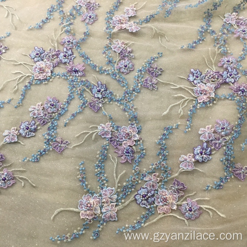 Purple Handmade Beaded Crystal Lace Fabric